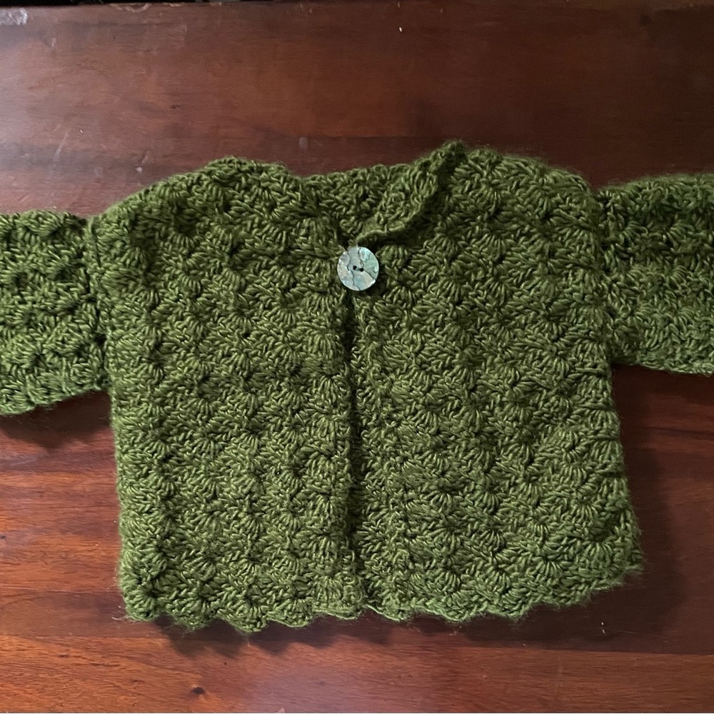 Girls size 18-24 mos dark olive green hand crocheted cardigan sweater